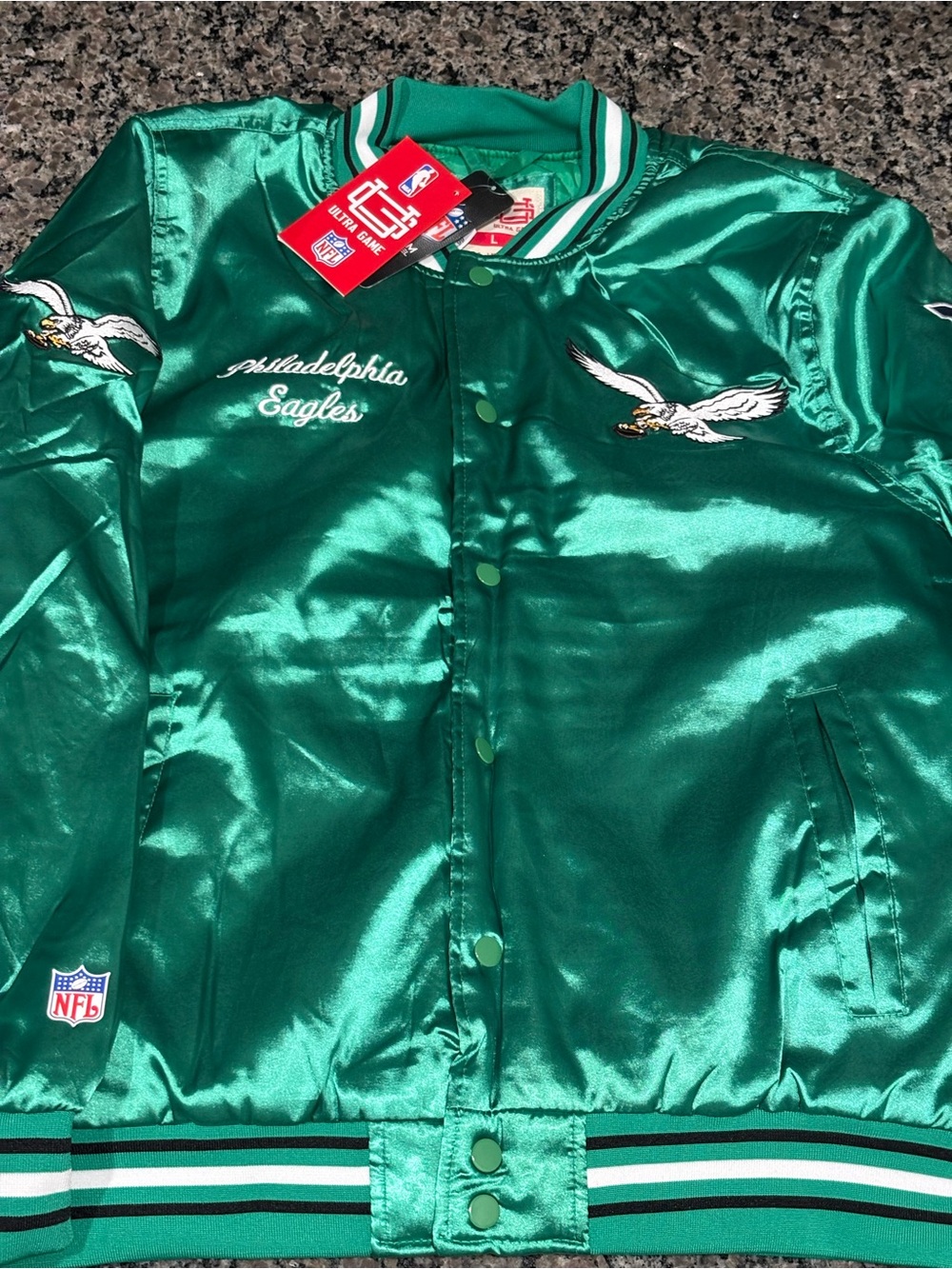 Philadelphia Eagles NFL Kelly Green Satin Bomber Jacket Mens Large